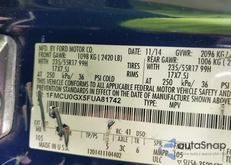 2015 Ford Escape Se из США, поврежденный, VIN 1FMCU0GX5FUA81742